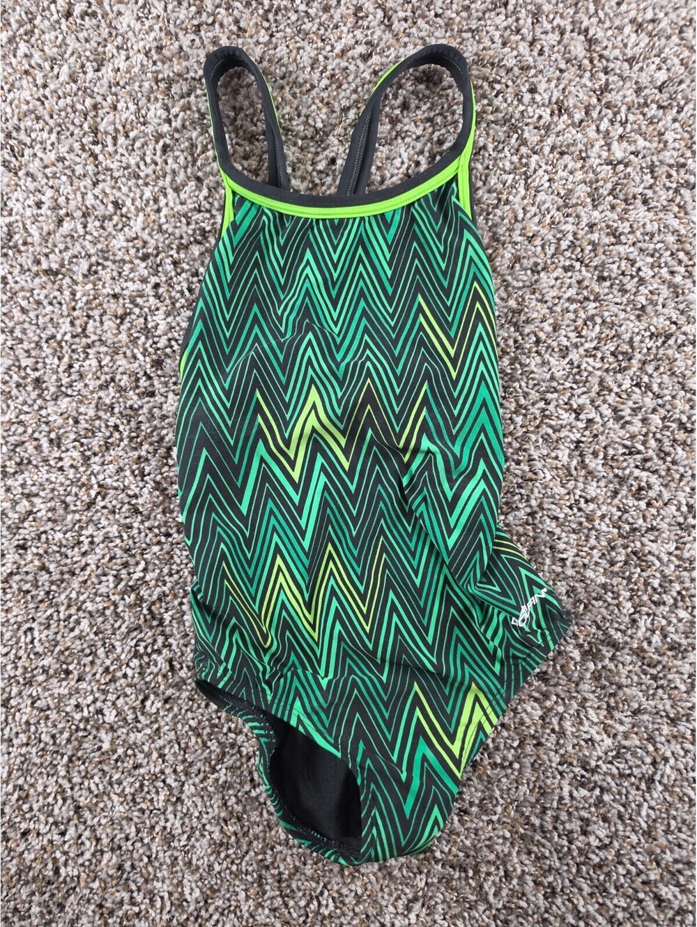 Dolfin Girls Sz M One Piece Swimsuit Athletic Cut Green Yellow Chevron